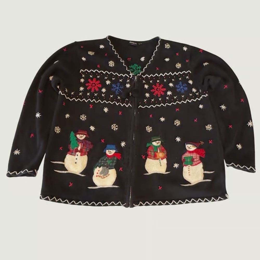 Vintage Black Holiday Snowman Cardigan Sweater